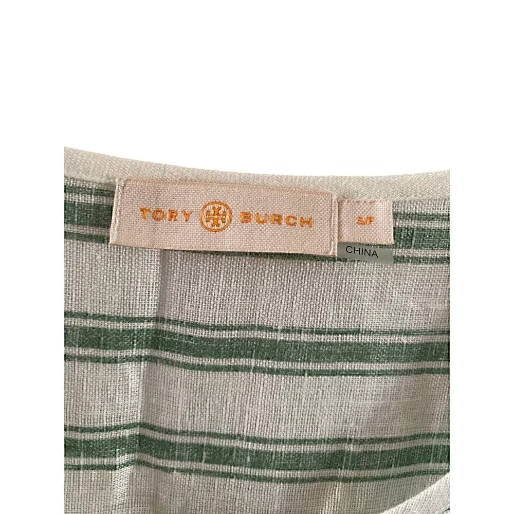Tory Burch Striped Linen Caftan Size Small Midi Green White Tassels Swim coverup